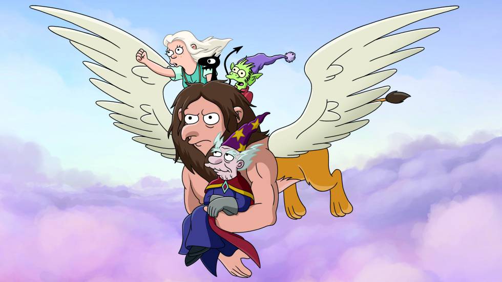 Imagen de la serie en la que aparece el grifo llevando a los personajes de la serie, incluido el Mago.