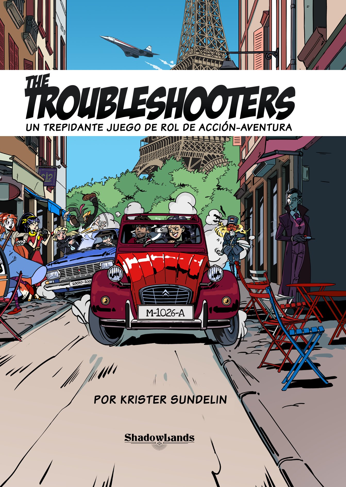 Portada del juego The Troubleshooters, dónde podemos ver un coche rojo conduciendo a toda velocidad por las calles de París, mientras la policía lo persigue.