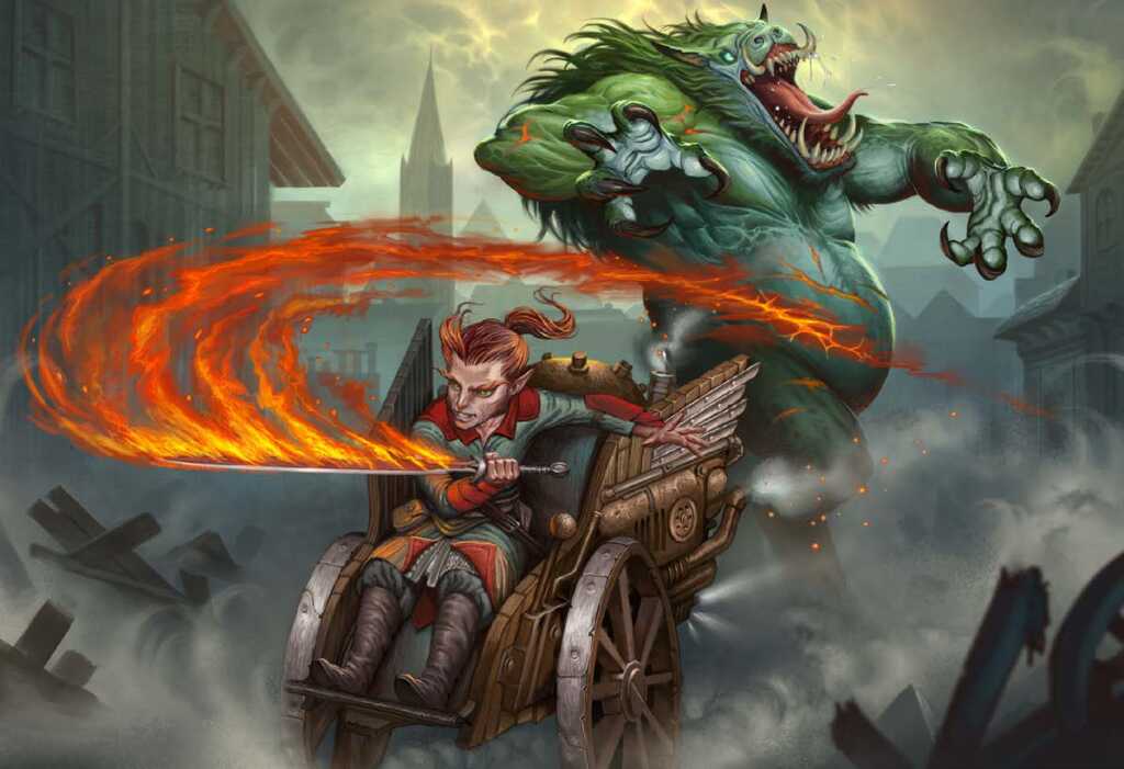 Gnomo en silla de ruedas mecánica lucha contra un monstruo