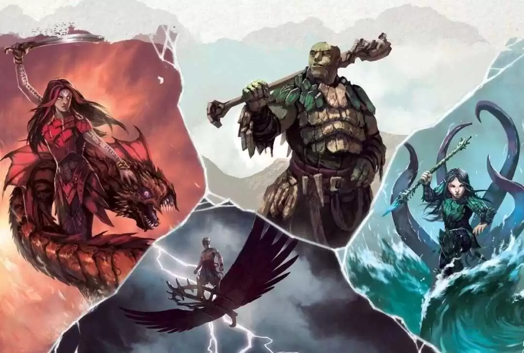 De izquierda a derecha: firetamer (domador del fuego), skydancer (bailarín del aire), stoneguard (guardia de piedra) y waverider (jinete de las olas), por Biagio D'Alessandro De izquierda a derecha: firetamer (domador del fuego), skydancer (bailarín del aire), stoneguard (guardia de piedra) y waverider (jinete de las olas), por Biagio D'Alessandro