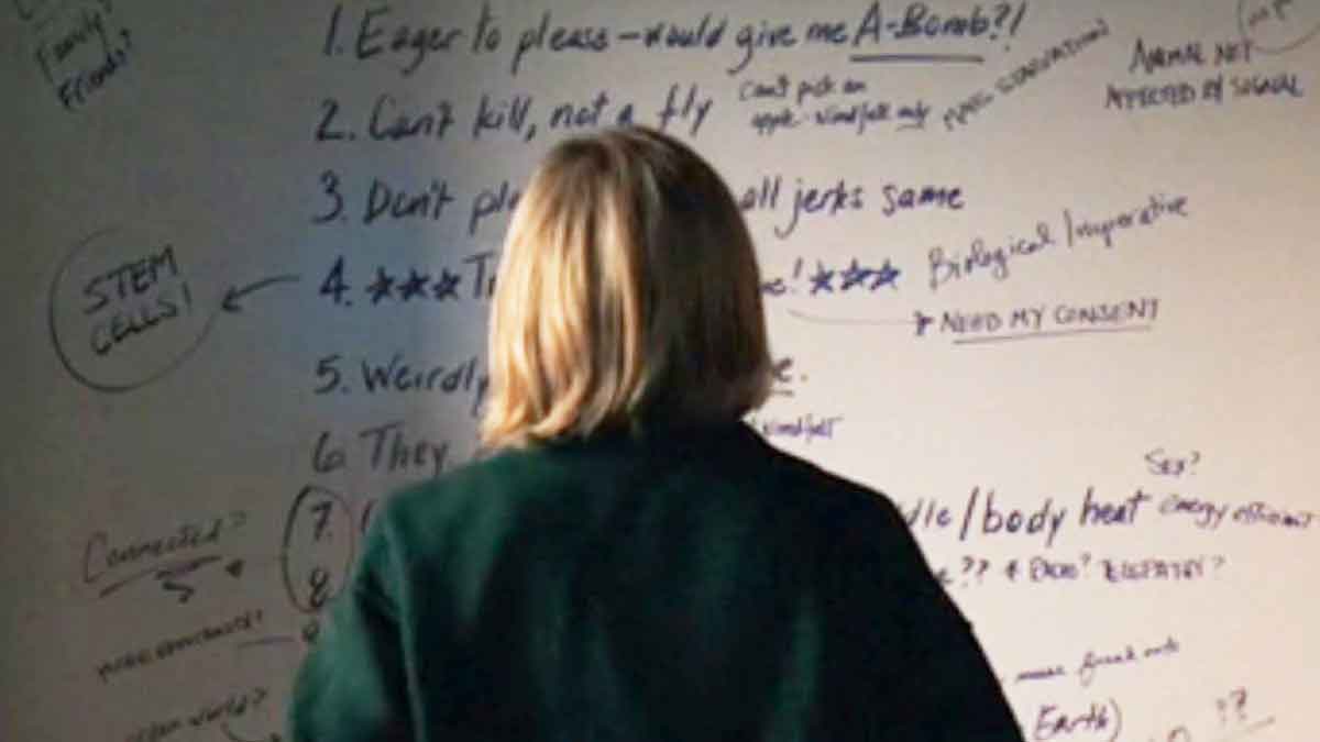 Carol frente a su pizarra de escritura con el análisis sobre la Unión