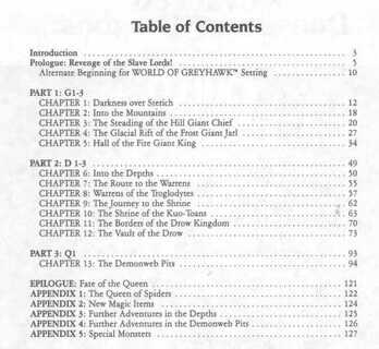 Queen ot the Spider al final se formo por: G1 – Steading of the Hill Giant Chief, G2 – Glacial Rift of the Frost Giant Jarl, G3 – Hall of the Fire Giant King, D1 – Descent into the Depths of the Earth, D2 – Shrine of the Kuo-Toa, D3 – Vault of the Drow y Q1 – Queen of the Demonweb Pits