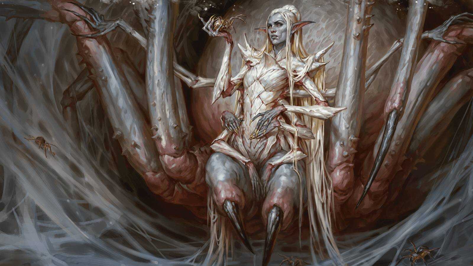 Ante vosotros emerge una figura imposible. De cintura para arriba es una mujer drow de belleza inquietante: piel tan oscura como la obsidiana, cabello blanco como la nieve y unos ojos rojizos que parecen atravesar el alma. Sin embargo, donde deberían comenzar sus piernas nace el cuerpo de una gigantesca araña negra. Ocho patas largas y afiladas sostienen su enorme abdomen mientras finos hilos de seda cuelgan de él como si el propio aire fuera parte de su telaraña. Cada uno de sus movimientos desprende una mezcla de elegancia y terror, como si la gracia y la muerte caminaran unidas.