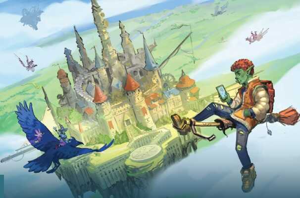 Ilustración de fantasía en tonos vivos: un gran castillo flotante de estilo medieval, con numerosas torres puntiagudas y tejados rojizos, se alza en el centro sobre un paisaje de nubes y montañas. A la derecha, un joven de piel verde y cabello rojo, con mochila y ropa de aventurero, sostiene un teléfono móvil mientras parece desplazarse por el aire. A la izquierda, un enorme pájaro azul vuela hacia el castillo. Alrededor aparecen varias criaturas voladoras pequeñas. La escena transmite una sensación de aventura, magia y fantasía, combinada con elementos modernos.